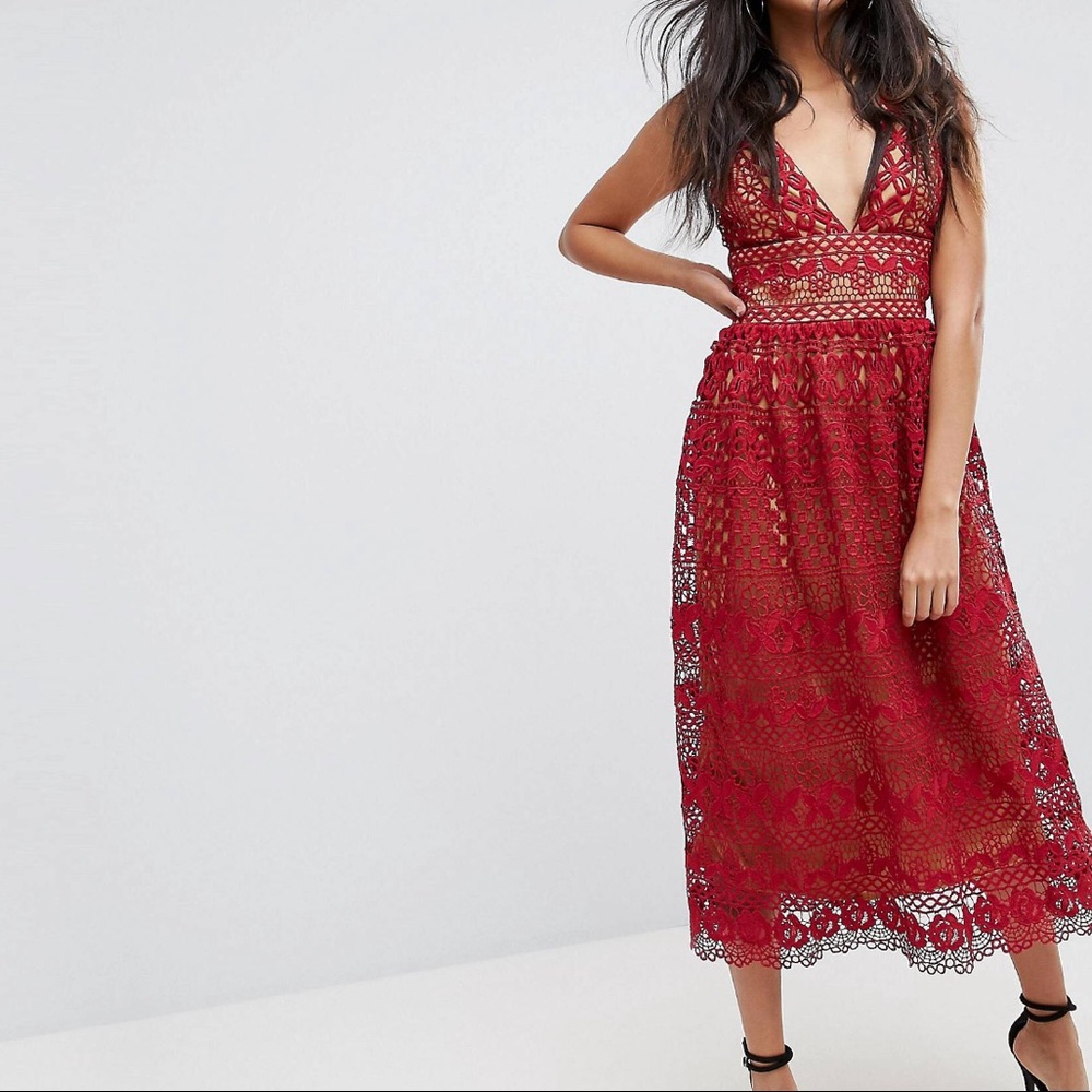 Boohoo Tea-Length Lace Dress